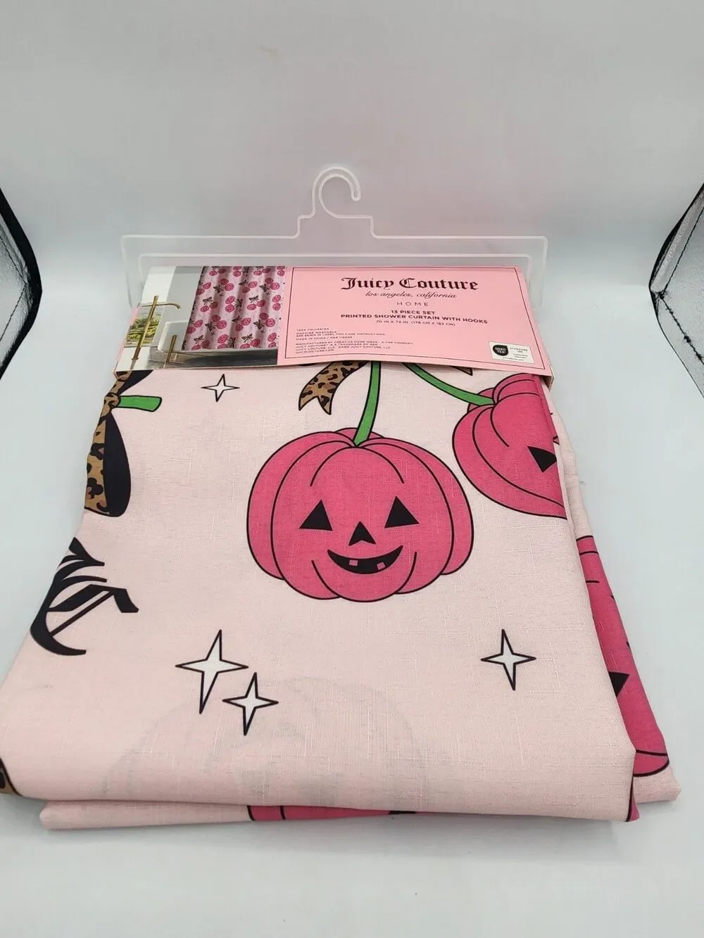 Juicy Couture Pink Halloween Pumpkin Bows Shower Curtain Set 13 Pc Gold Hooks
